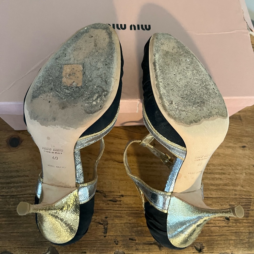 Miu Miu T-Strap Spectator Heel Fabric & Metallic … - image 5